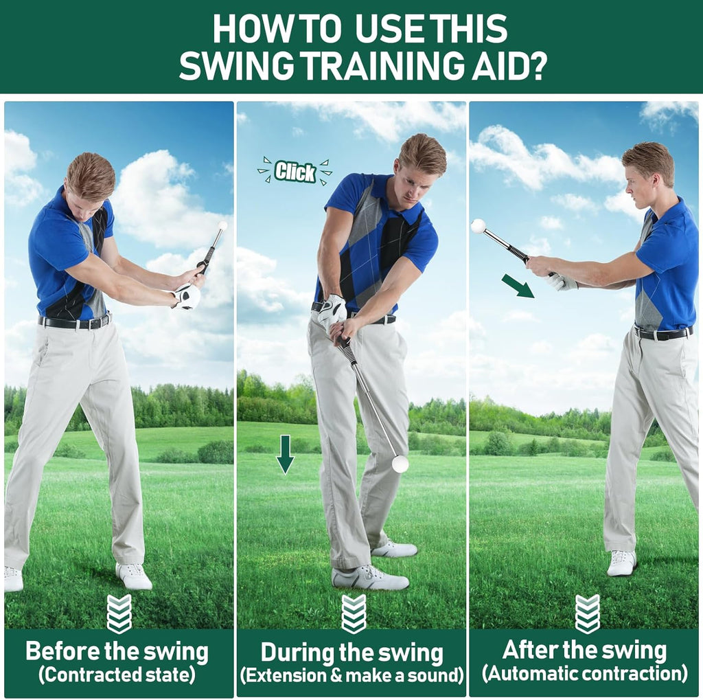 Golf Grip Swing Training Aid - Retractable Click Club Trainer for Indoor Practice and Warm-Up, Flexible Telescopic Tempo Trainer with Sound Release Function